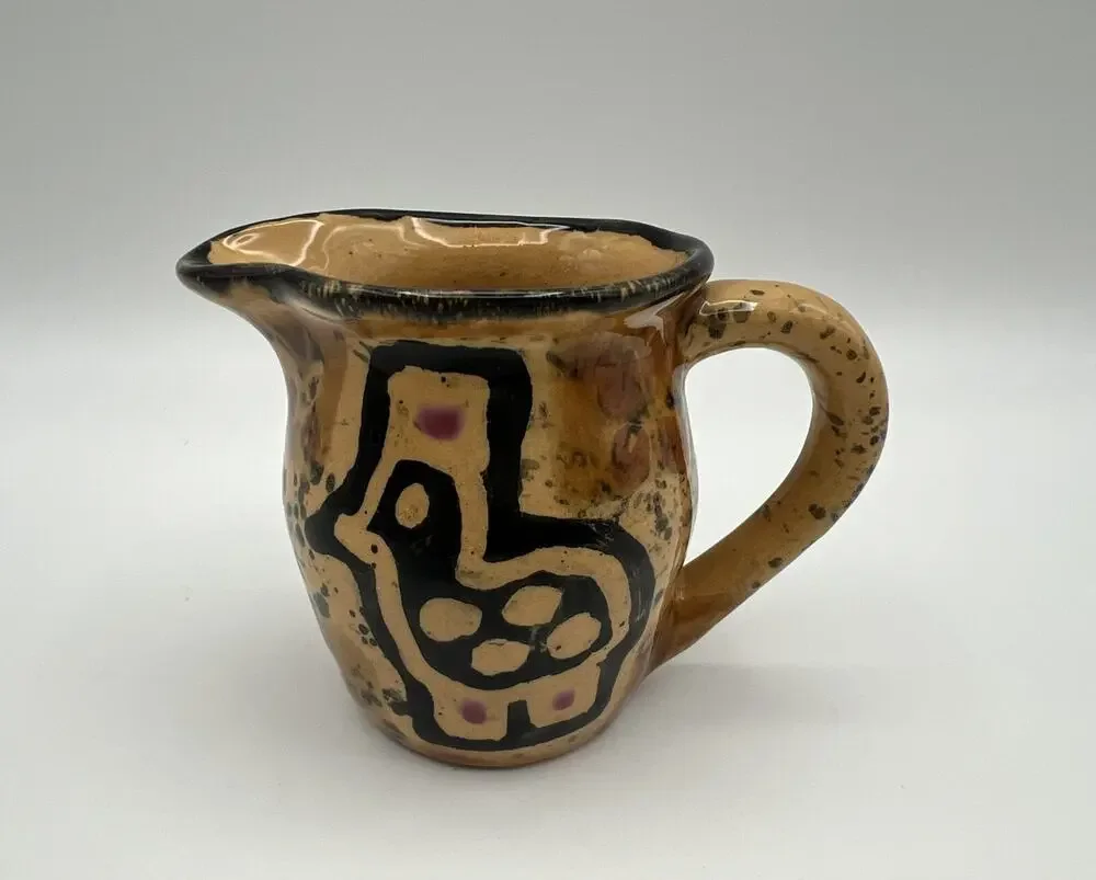 Kazuri Kenya Handmade Art Pottery Small Tan & Black Creamer Pitcher 3” Signed